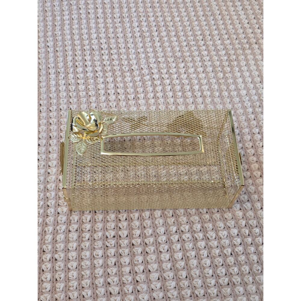 VTG MCM Metal Mesh Gold Tone Kleenex Box Cover with Rose and Leaf Design